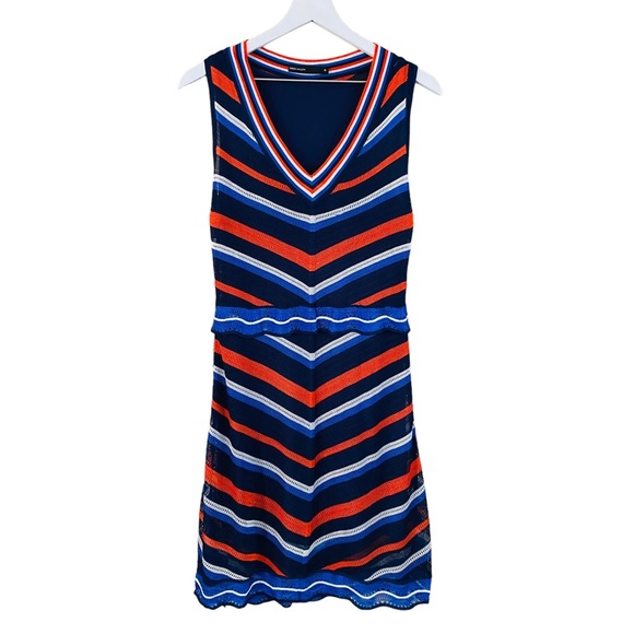 Karen Millen Blue & Orange Stripe Chevron Lightweight Knit Scallop Hem Dress - Picture 7 of 12